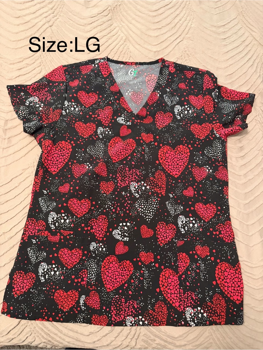 Women’s V-Neck Short Sleeve Top by G - Black with Red Heart Print